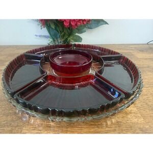 Vintage‎ Anchor Hocking Ruby Red Divided Relish Tray Chip Dip Set MCM Glass